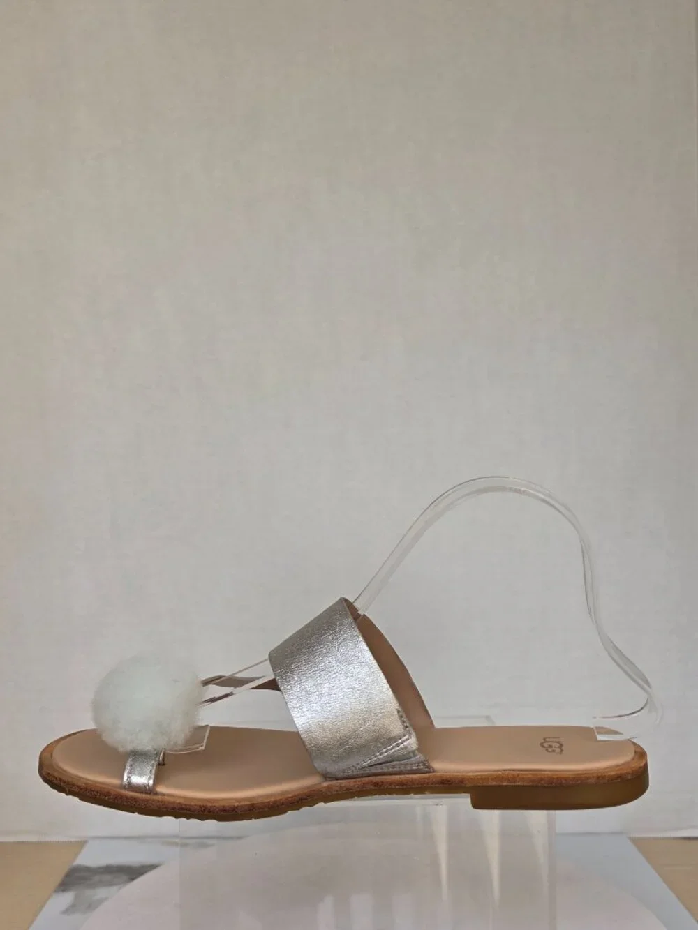 UGG Hadlee Leather Metallic Silver Toe Ring Pom Pom Strap Slide Sandals Sz 8.5